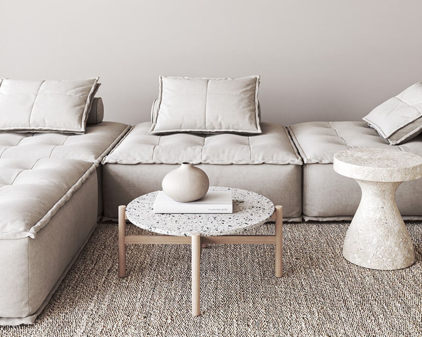 Example of light wood floor living room design with white walls (Demo)