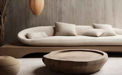 Inspiration for a living room with a sofa, wood table and pillows (Demo)